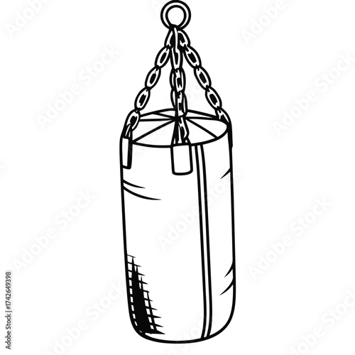 Outline vector illustration of a boxing punching bag suspended by a metal chain suitable for sports and fitness designs