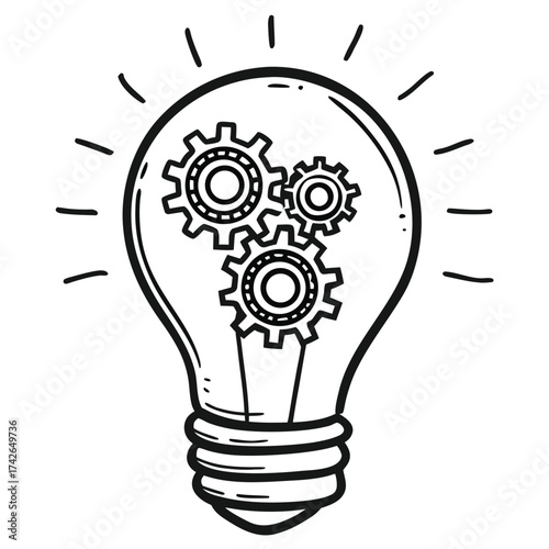 Conceptual line art illustration of a light bulb containing a mechanical gear symbolizing innovation and engineering