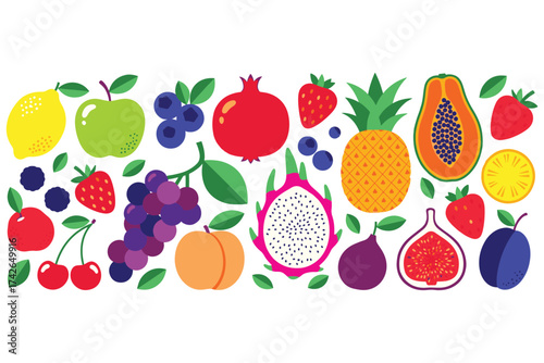 A colorful assortment of fruit illustrations isolated on white background, featuring apples, lemons, berries, pineapple, papaya, and exotic fruits vector illustration