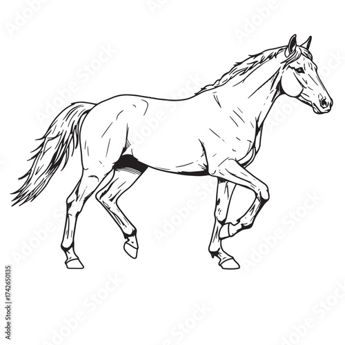 Black and white illustration of a horse in motion to the right