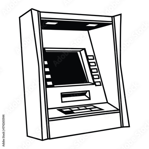 Clean line art illustration of an atm machine with a card slot and keypad suitable for financial services and technology themes