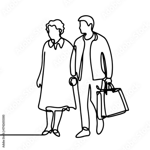 Elderly woman walks hand in hand with her son who is carrying a grocery bag, single line illustration