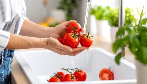 Washing Fresh Tomatoes in a Bright Kitchen Sink.