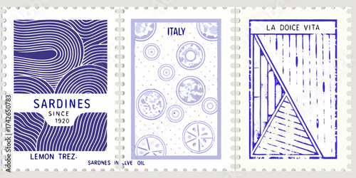 Set of three artistic vintage style postage stamps featuring italian food and travel themes