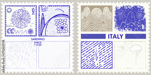 Collection of stylized postage stamps featuring abstract designs and italian themes