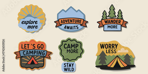 Collection of six hand drawn outdoor adventure and camping themed graphic badges with inspirational quotes