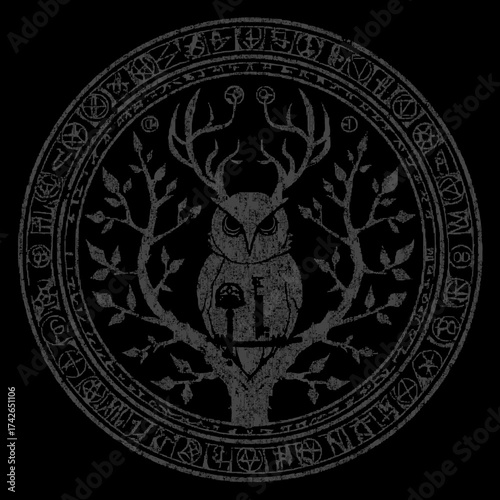 Mysterious Horned Owl on Tree Branch with Key in Ornate Symbolic Circle, Dark Fantasy Esoteric Art, Vintage Grunge Texture