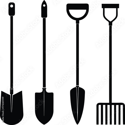 a set of farming tools  spade  rake  hoe  arranged