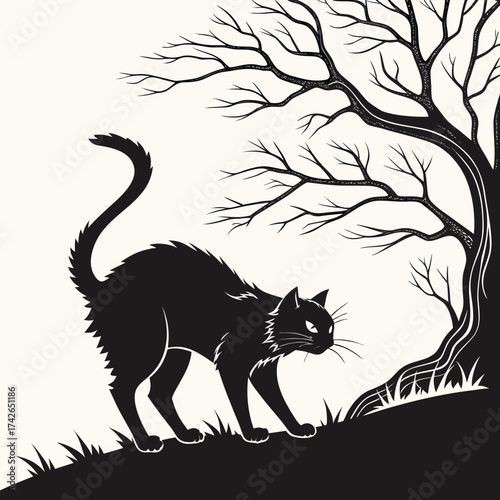 Black cat with arched back standing near a bare tree on a hill
