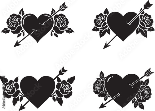 Four black heart and rose silhouettes with arrows silhouette