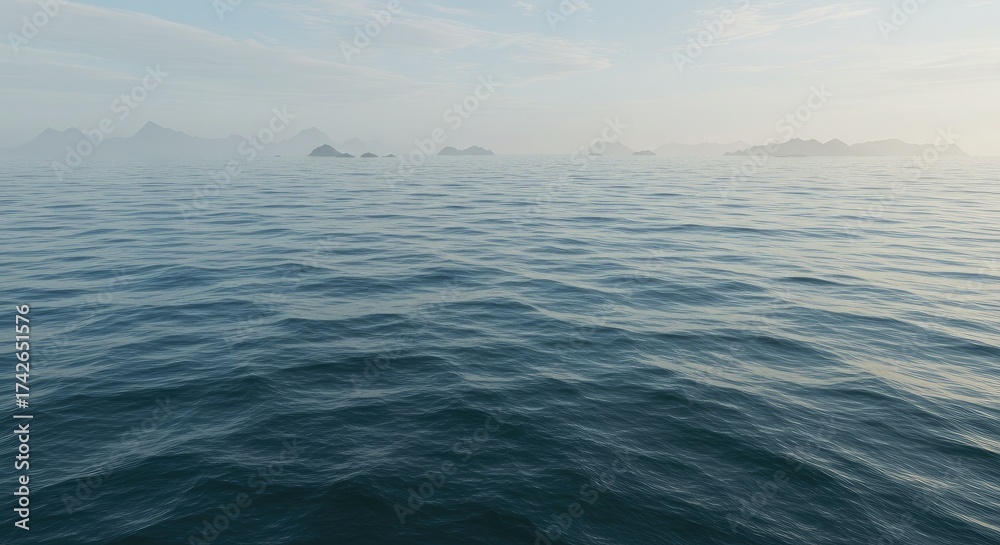 Fototapeta premium Peaceful blue ocean waves gently rolling towards distant misty islands, creating a serene and calming seascape perfect for travel brochures and relaxation themes