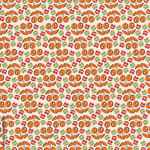 Seamless Cute Pumpkin Faces and Berries Pattern Vector
