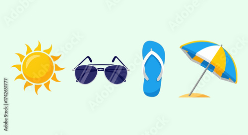 Sun, Sunglasses, Flip-Flop, Beach Umbrella Summer Essentials Vector Icons on Light Green Background