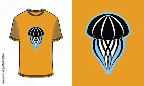 Orange T shirt with Tshirt mockup jellyfish graphic blue outline vector