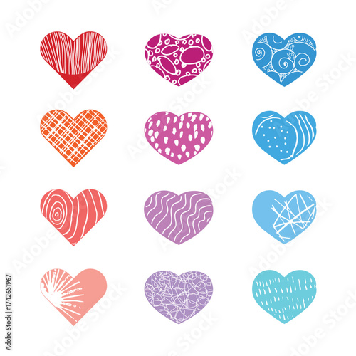 A set of hand-drawn red hearts with a soft, brush-stroke texture.