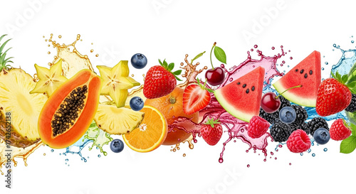 3d icon of a vibrant assortment of fresh fruits including watermelon, strawberries, blueberries, oranges, papaya, and pineapple, splashing in water, isolated on transparent background