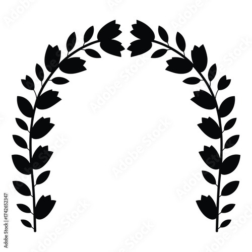 Elegant black floral archway with leaves and buds on a white background