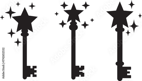 Three magical star wand keys silhouette with sparkles
