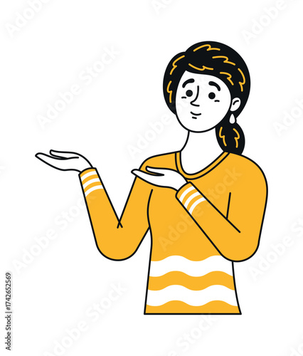 Woman pointing aside presenting something