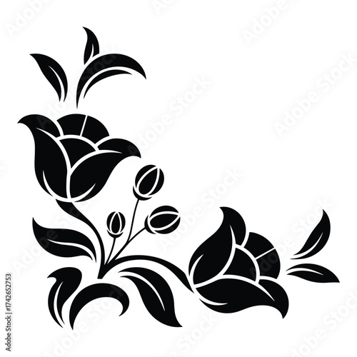 Elegant black silhouette floral corner design with blooming flowers and leaves