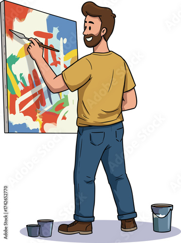 Cartoon artist painting, abstract artwork creation, palette knife technique, creative expression, colorful canvas, vector character, vibrant studio scene