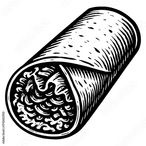 A black and white drawing of a tortilla wrap with a white background. The drawing has a moody. Vector. Silhouette illustration.