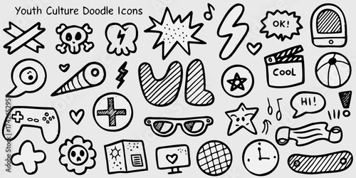 Collection of youth culture doodle icons and symbols hand drawn style
