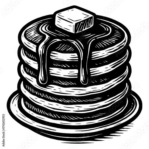 A stack of pancakes with a piece of butter on top. The pancakes are black and white and the butter is melted. Vector. Silhouette illustration.