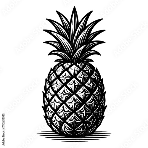 A black and white drawing of a pineapple. The pineapple is the main focus of the image. The image has a simple. Vector. Silhouette illustration.