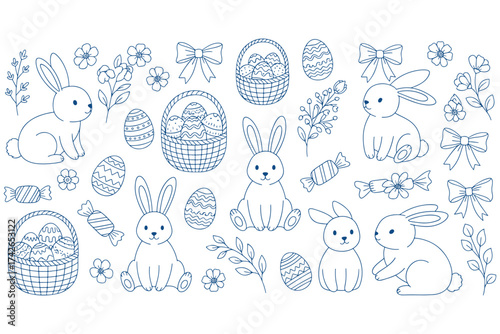 A charming easterthemed illustration isolated on white background, featuring bunnies, baskets, eggs, bows, and candies in a delightful and whimsical design vector illustration