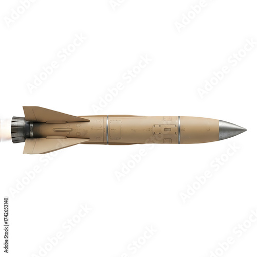 A tan missile with fins and a pointed nose, isolated on a transparent background, with exhaust flames coming from the engine