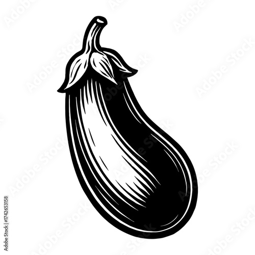 A black and white drawing of a large eggplant. The eggplant is the main focus of the image. Vector. Silhouette illustration.