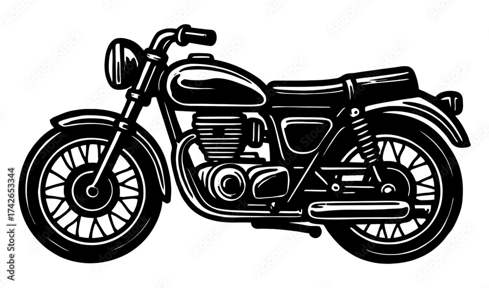 Fototapeta premium A black motorcycle with a chrome handlebar and a black seat. The motorcycle is parked on a white background. Vector. Silhouette illustration.