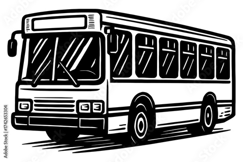 A black and white bus is driving down the road. The bus is large and has a lot of windows. Vector. Silhouette illustration.