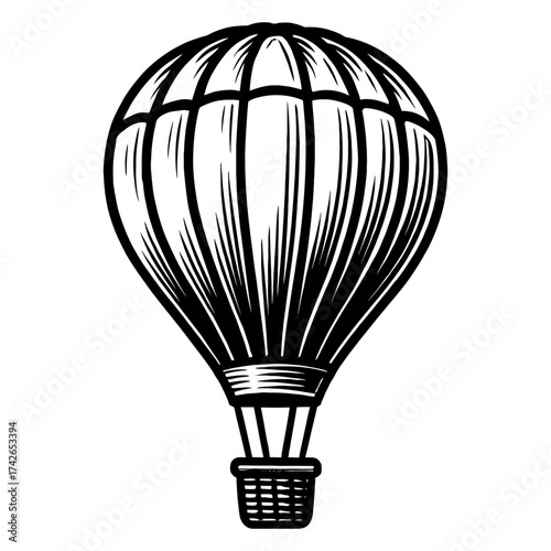 A black and white drawing of a hot air balloon. The balloon is large and has a lot of detail, including the basket. Vector. Silhouette illustration.