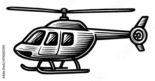 A black and white drawing of a helicopter. The helicopter is positioned in the middle of the image. Vector. Silhouette illustration.