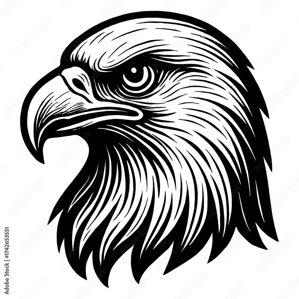 Fototapeta premium A black and white drawing of an eagle's head. The drawing is bold and striking, with the eagle's eyes. Vector. Silhouette illustration.