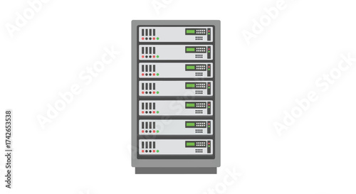 A gray multi-unit server rack cabinet for a data center depicted in a flat vector illustration style.