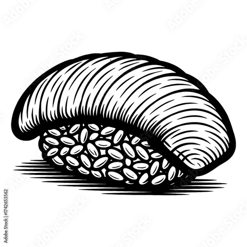 A black and white drawing of a sushi roll with a lot of seeds on it. The roll is sitting on a white background. Vector. Silhouette illustration.