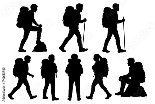 A series of silhouettes of people hiking. The silhouettes are of different sizes and are all wearing backpacks. Vector. Silhouette illustration.