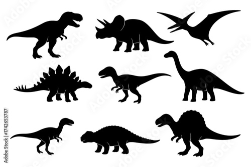 A set of dinosaur silhouettes, including a T-Rex, a Triceratops, and a Stegosaurus. Vector. Silhouette illustration.