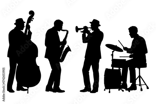 Four musicians playing instruments in a band. The instruments include a trombone, a drum, a bass, and a cello. Vector. Silhouette illustration.