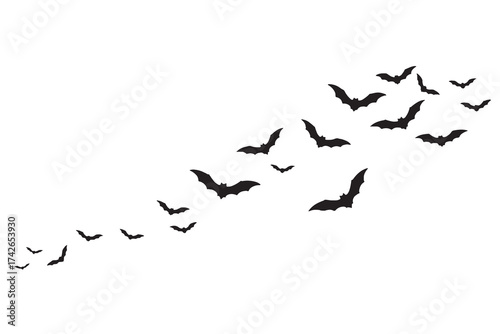 Flock of silhouette bats flying in a formation against a white background