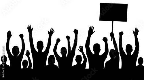 A crowd of people are holding up a sign that says "No" and are all raised up in the air. Vector. Silhouette illustration.
