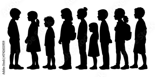 A group of children are lined up in a row. The children are all wearing backpacks. The line of children is very long. Vector. Silhouette illustration.