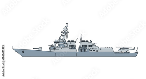 Modern Naval Destroyer Warship with Helicopter Deck and Superstructure.