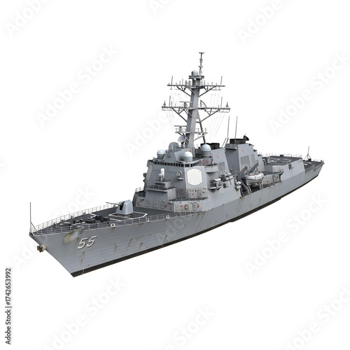 Modern us navy arleigh burkeclass destroyer warship, uss john paul jones ddg53, isolated on transparent background
