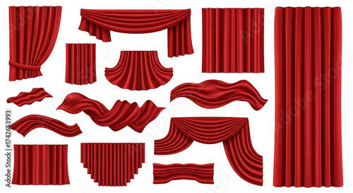 Fototapeta 3d icon of a collection of red velvet curtains and drapes in various styles, including swags, pleats, and straight panels, isolated on transparent background