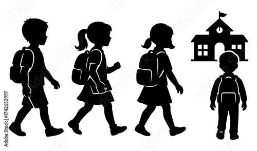 A group of children are walking to school. One of the children is being followed by a boy. Vector. Silhouette illustration.
