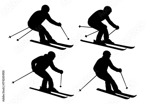 Four silhouettes of a skier in different positions. The skier is wearing a helmet and is holding ski poles. Vector. Silhouette illustration.